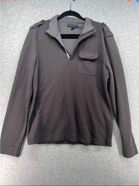 Banana Republic Men's Long Sleeve Polo in Dark Brown with Gray Trim